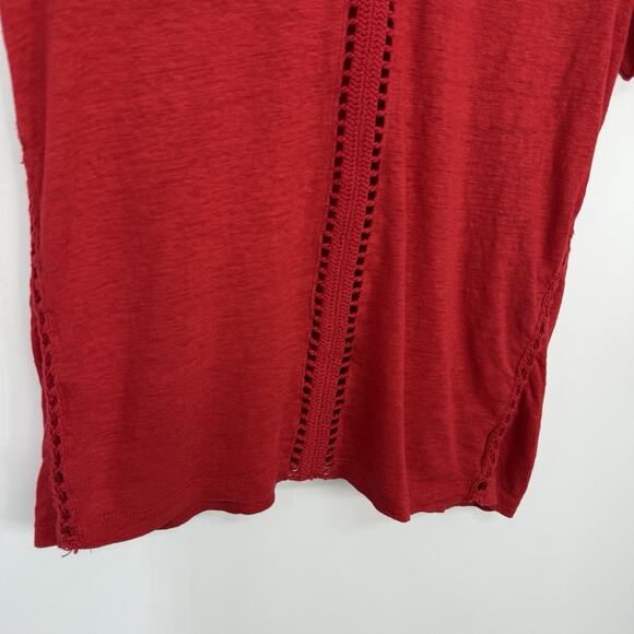 Maje Linen Short Sleeve Tee Women Size 2 V Neck Crochet Eyelet Red Pull Over - Picture 5 of 11
